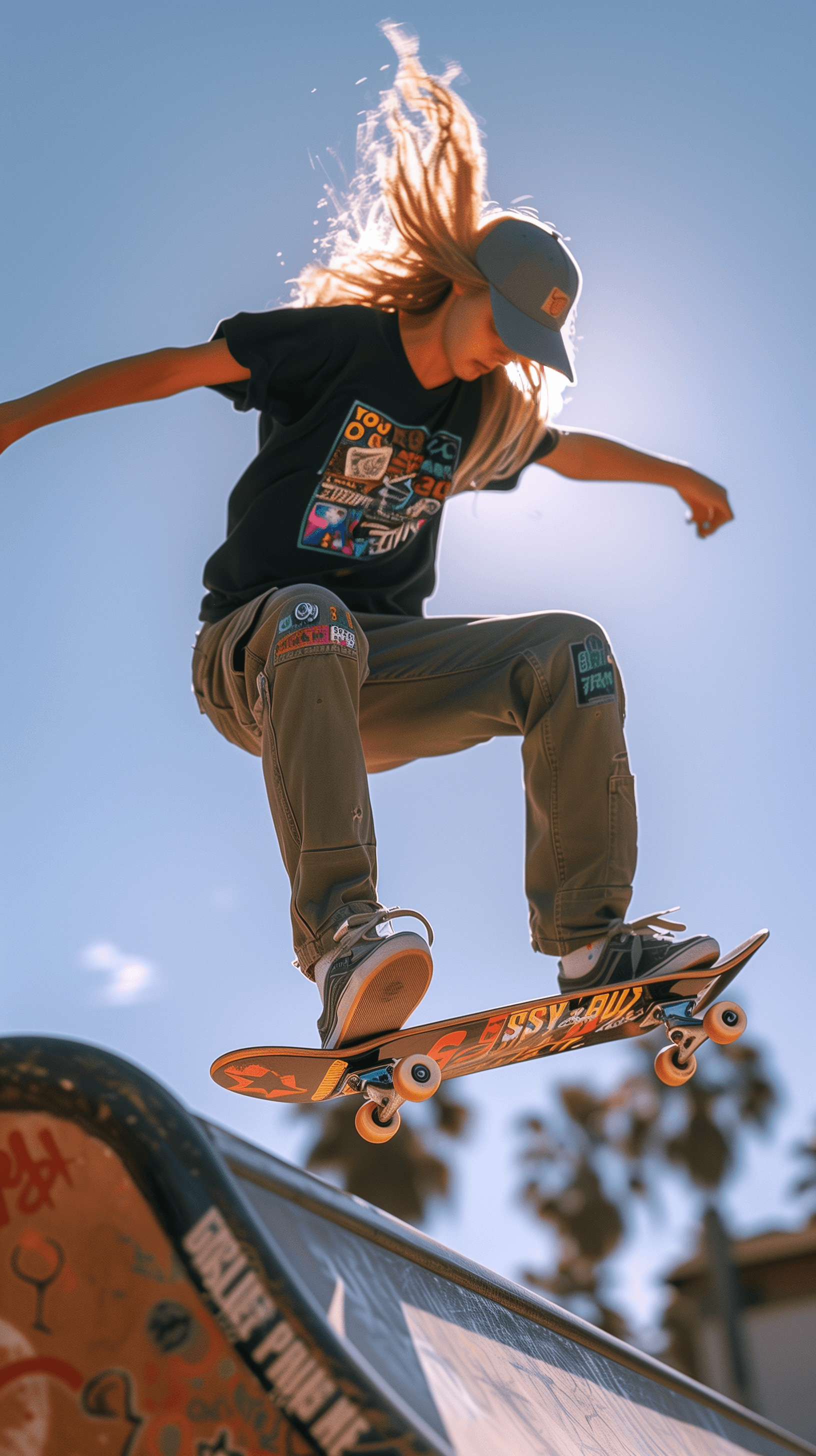 AI generated: photography, female skateboarder is captured mid-flight above a skatepark ramp, cap, fitted black T-...