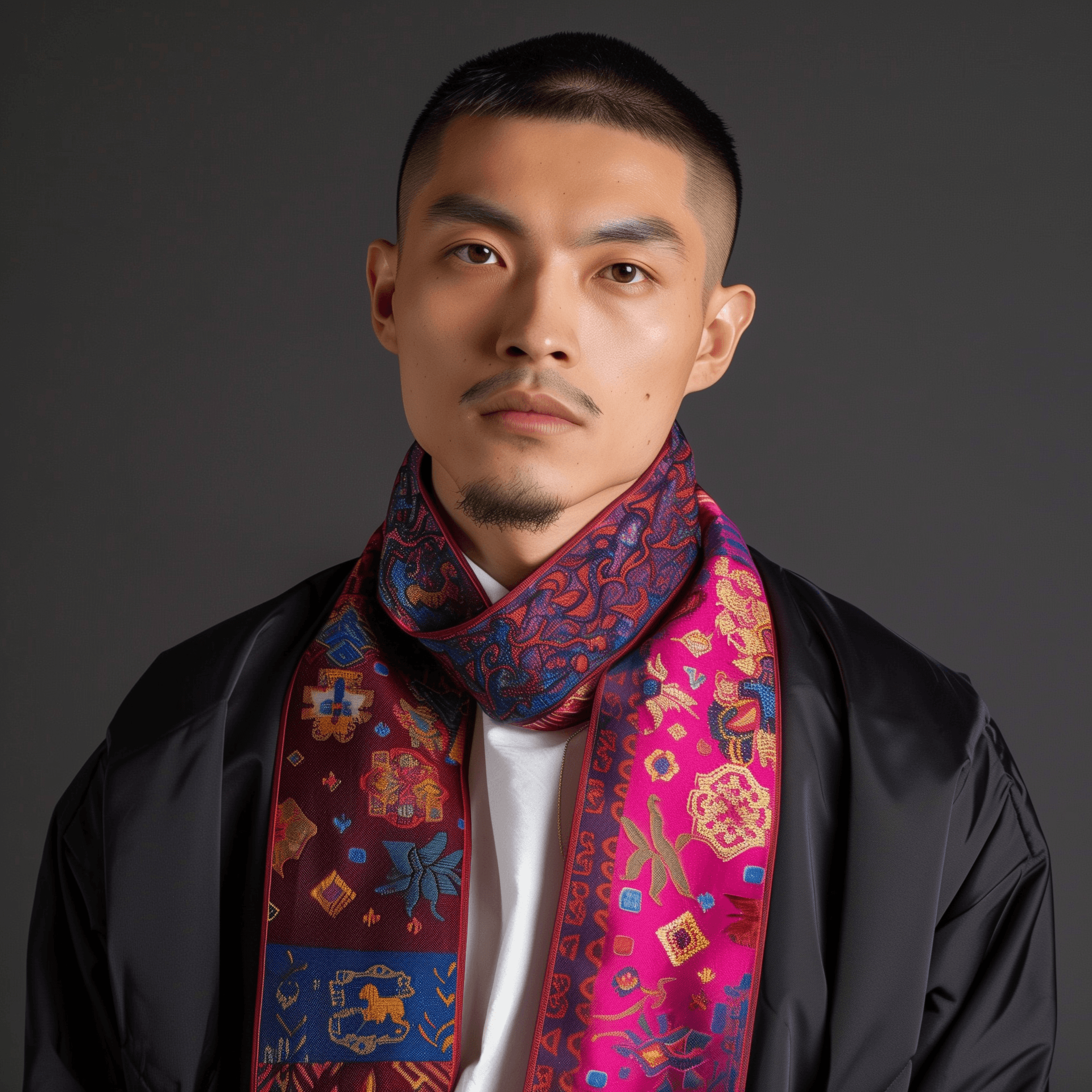 AI generated: A man wearing an ornamental neck scarf in dark pink and maroon with patterns of red, blue and yellow...