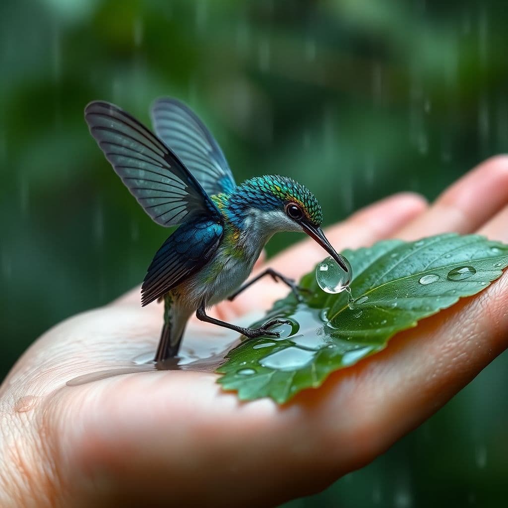 AI generated: Kolibri sitting in the palm of my hand and drinks water from a leaf, very beautiful and very detaile...