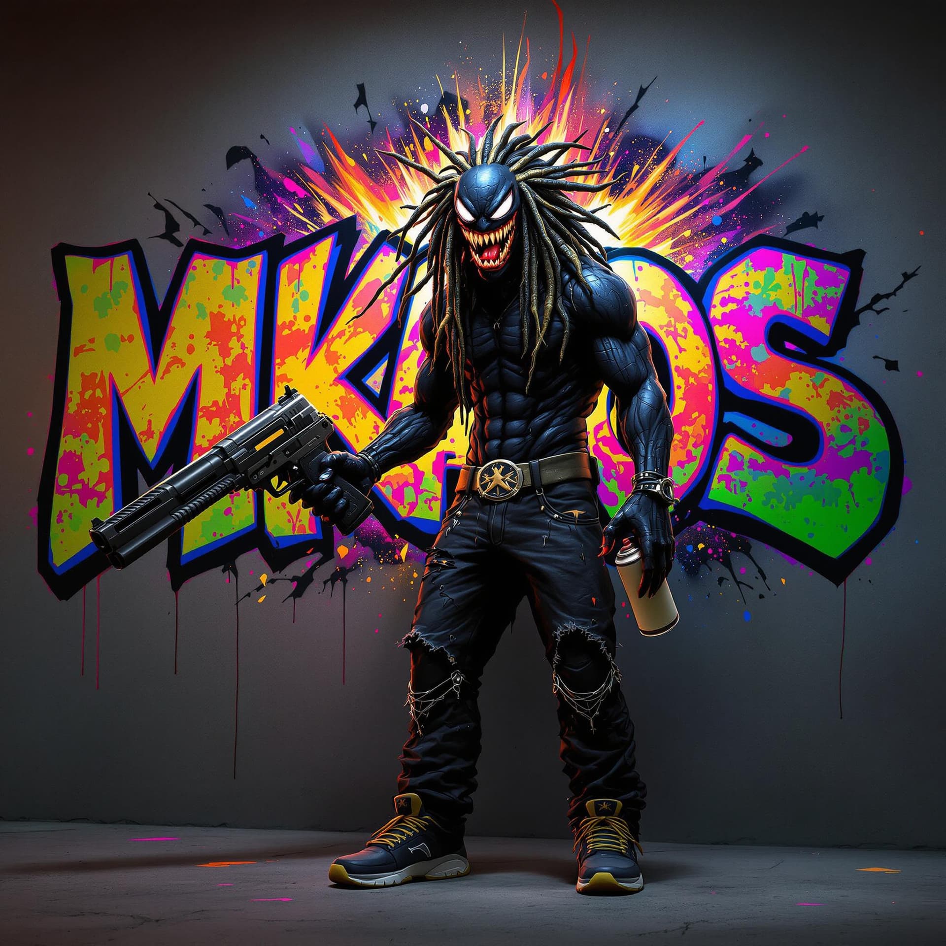 AI generated: front view of an evil graffiti anime style character with really dark coal black skin and glowing ey...