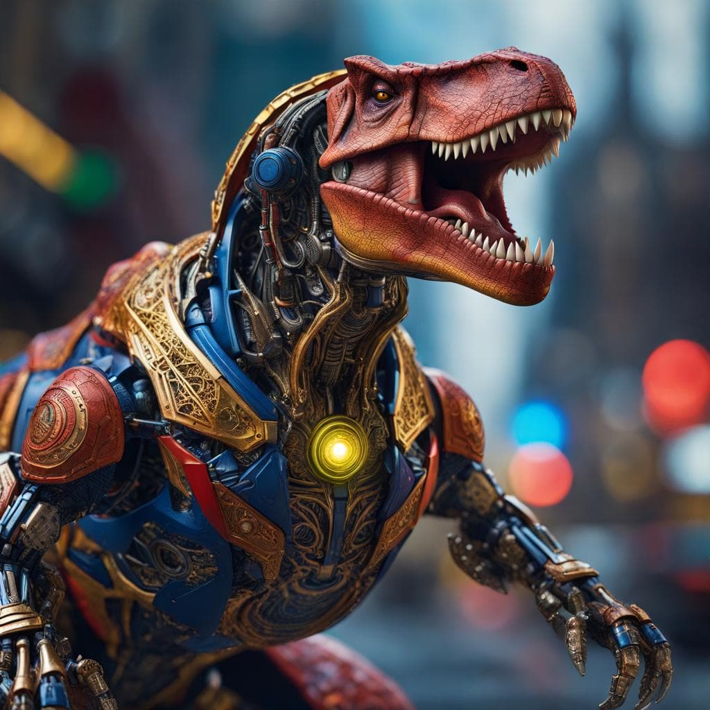 AI generated: robotic t-rex wearing a doctor strange suit fullbody shot whole body on screen more image, Miki Asai...