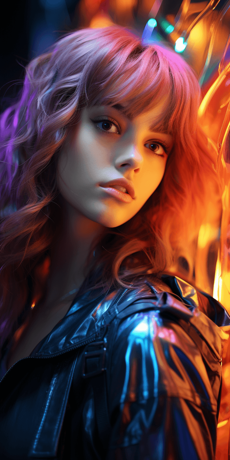 AI generated: a beautiful lightup purple girl is posing in front of her neon clothing, in the style of dark orange...
