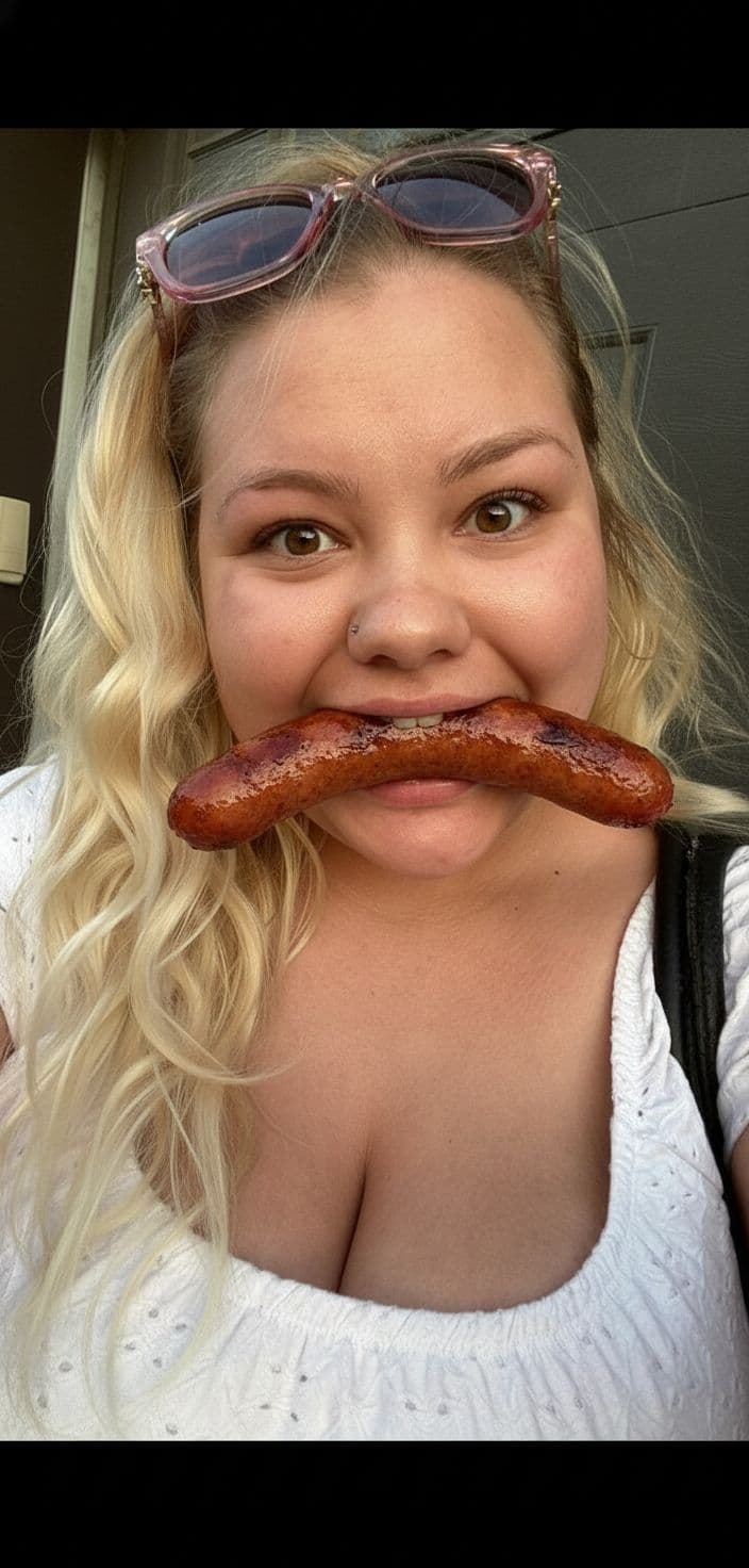 AI generated: She has a big sausage in her mouth. She has big eyes