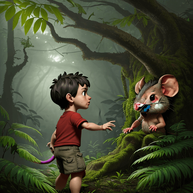 AI generated: frontal view of a young prehistoric boy seeing the back of a red rat hiding in  a prehistoric forest...