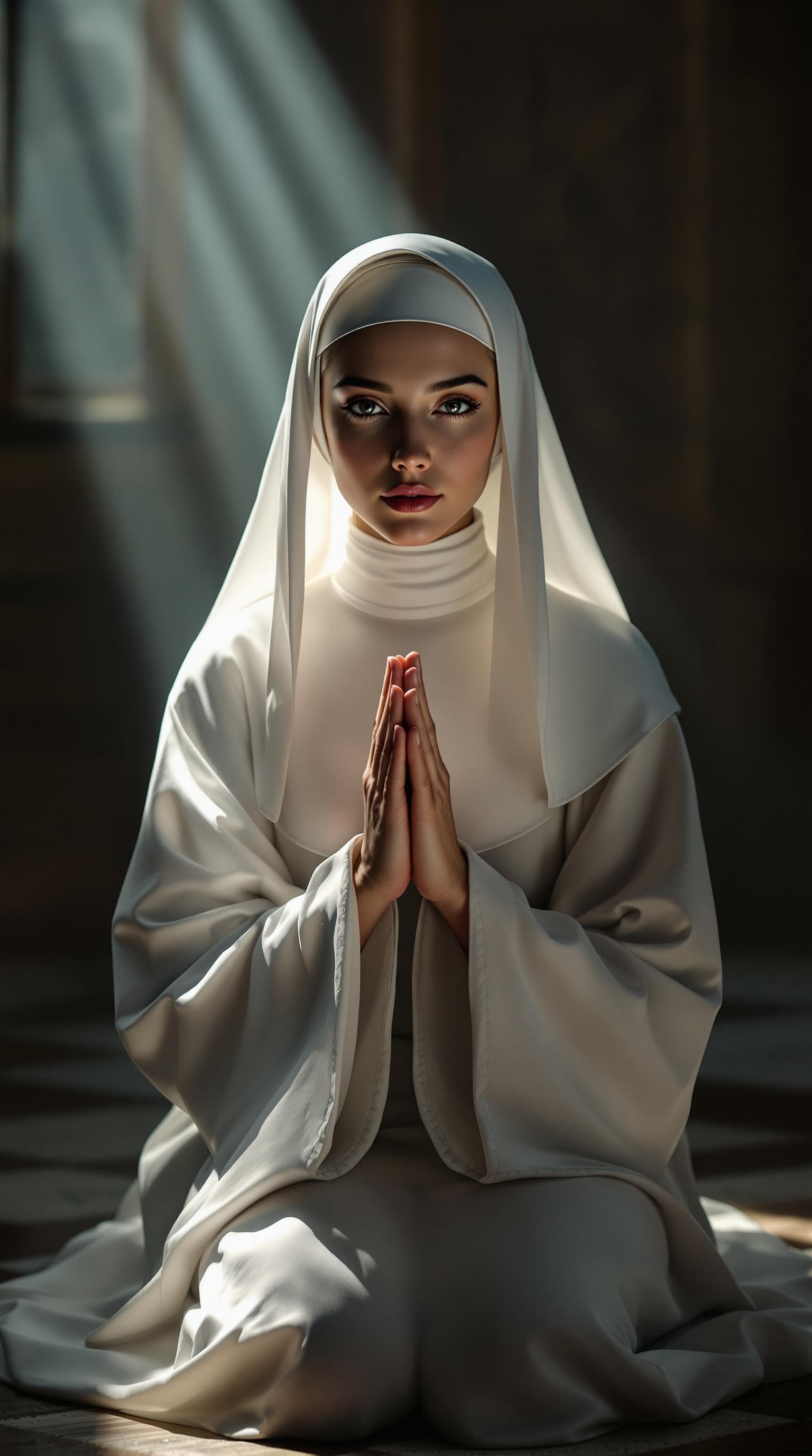 AI generated: High resolution photography full body view of beautiful 19yo nun kneeling, delicate hands with long ...