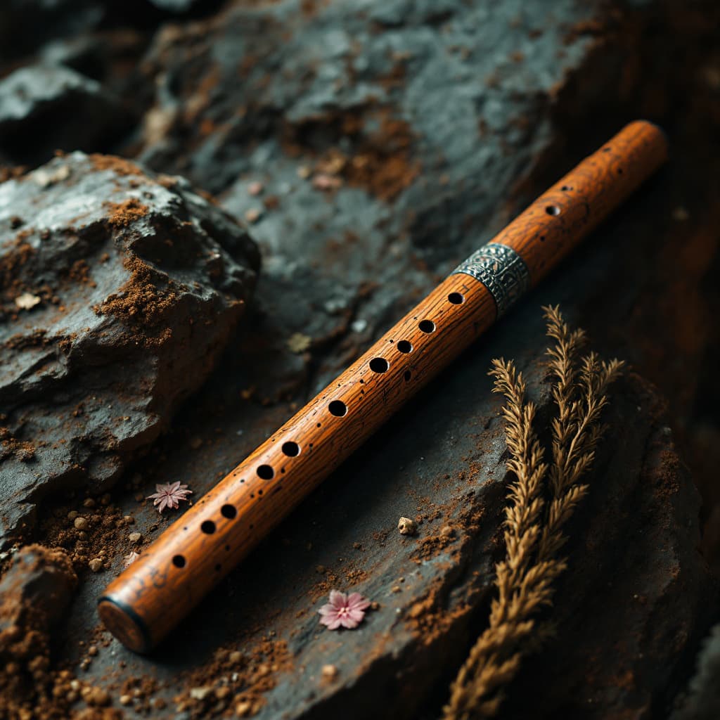 AI generated: a single peruvian wooden flute in a Hyperralistic indie movie poster in Kamchakta