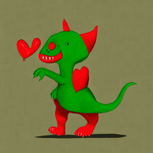 AI generated: draw a cute green dinosaur in a red cat suit with a heart in his hands in a minimalist style