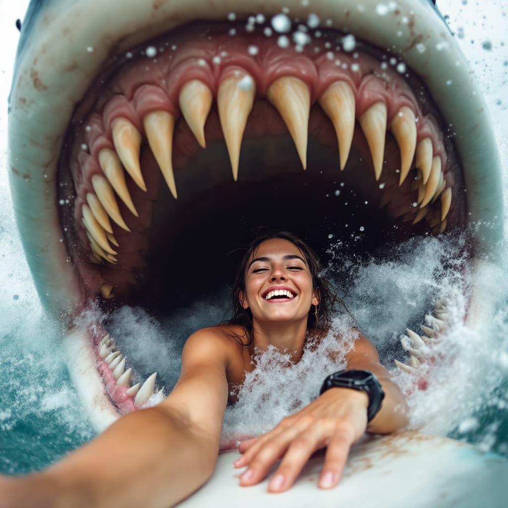 AI generated: Through the lens of the phone’s POV, a pretty female snaps a selfie as he lies on a wet surfboard, f...