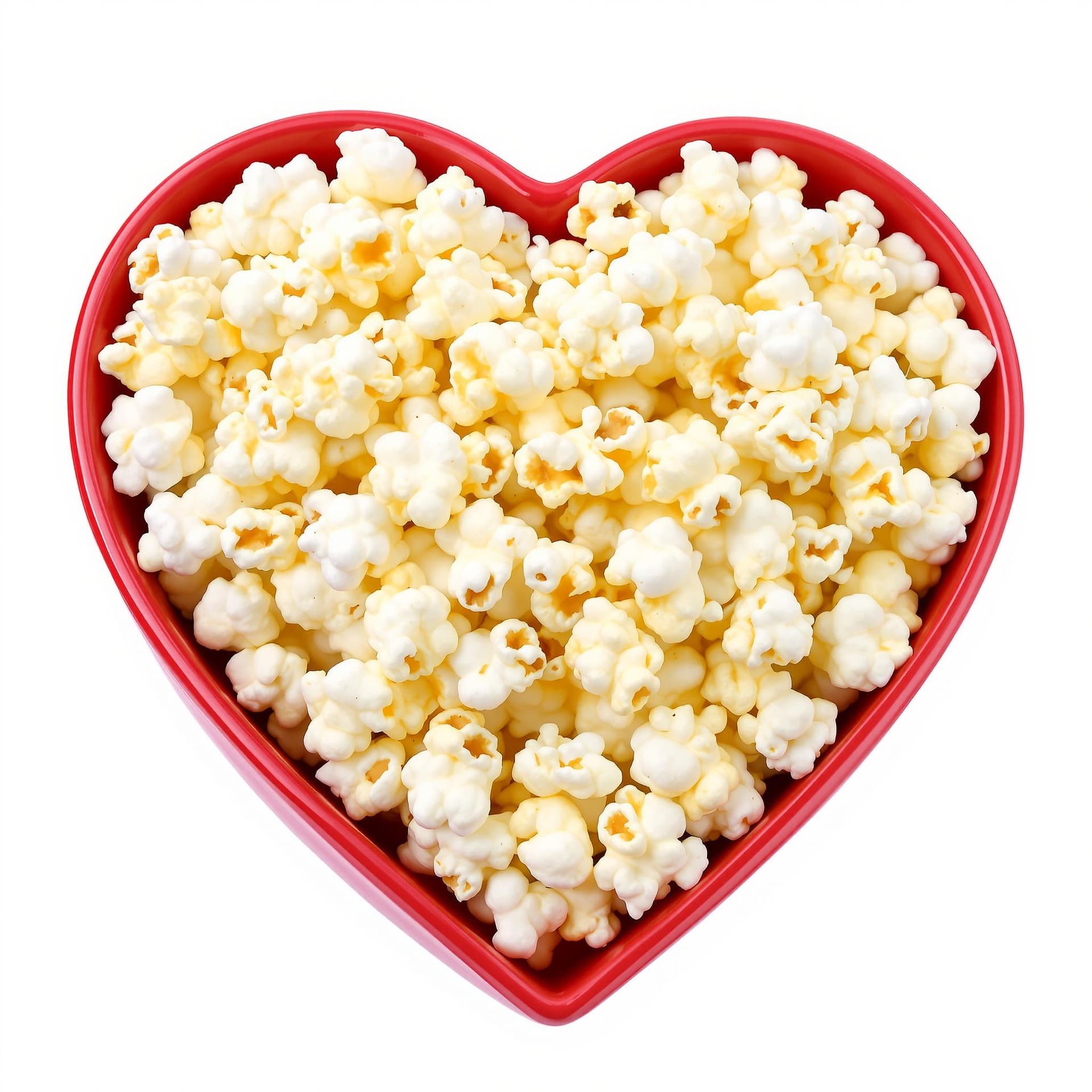 AI generated: Heart-shaped bowl, Red ceramic, Popcorn, White fluffy kernels, Valentine's Day treat, Movie night sn...