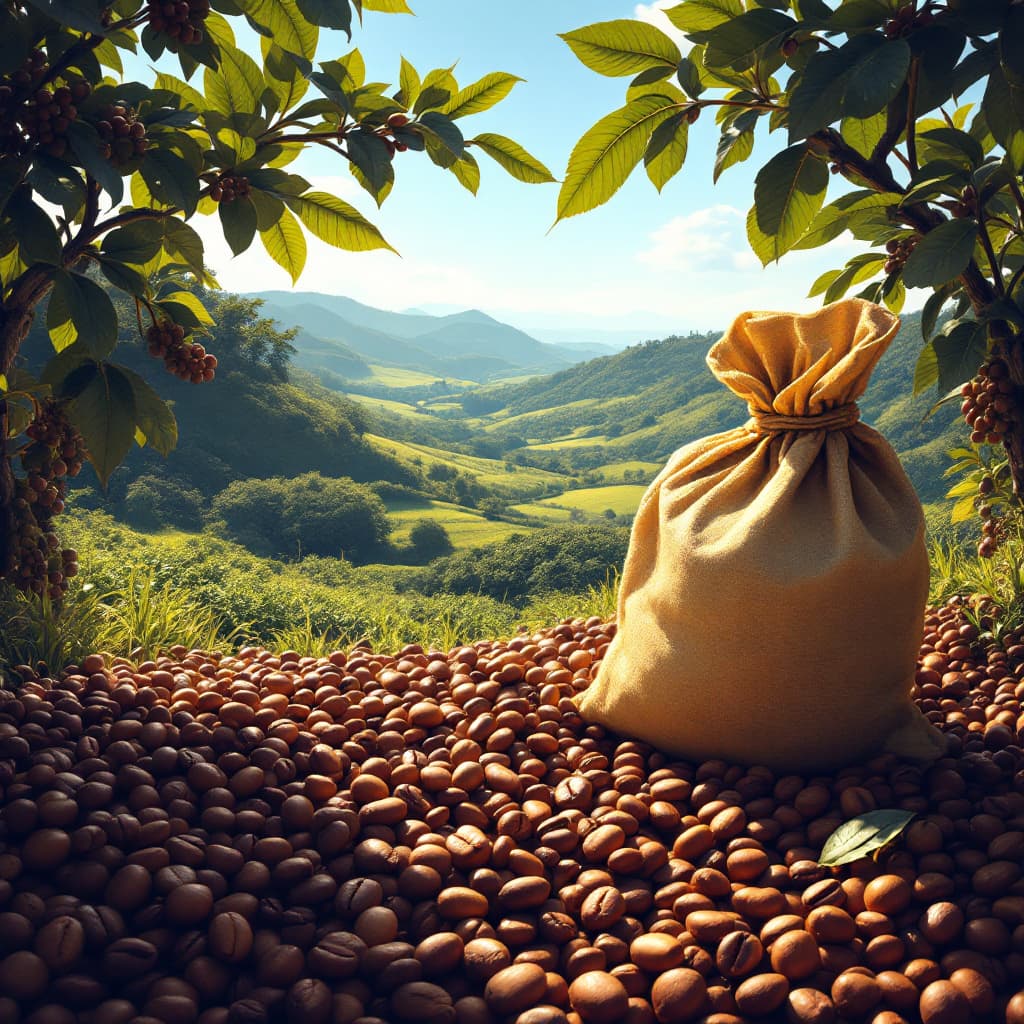 AI generated: [several coffee beans],[roasted],[with a bag of coffee], [sunny day], [coffee trees],[large farm],[n...