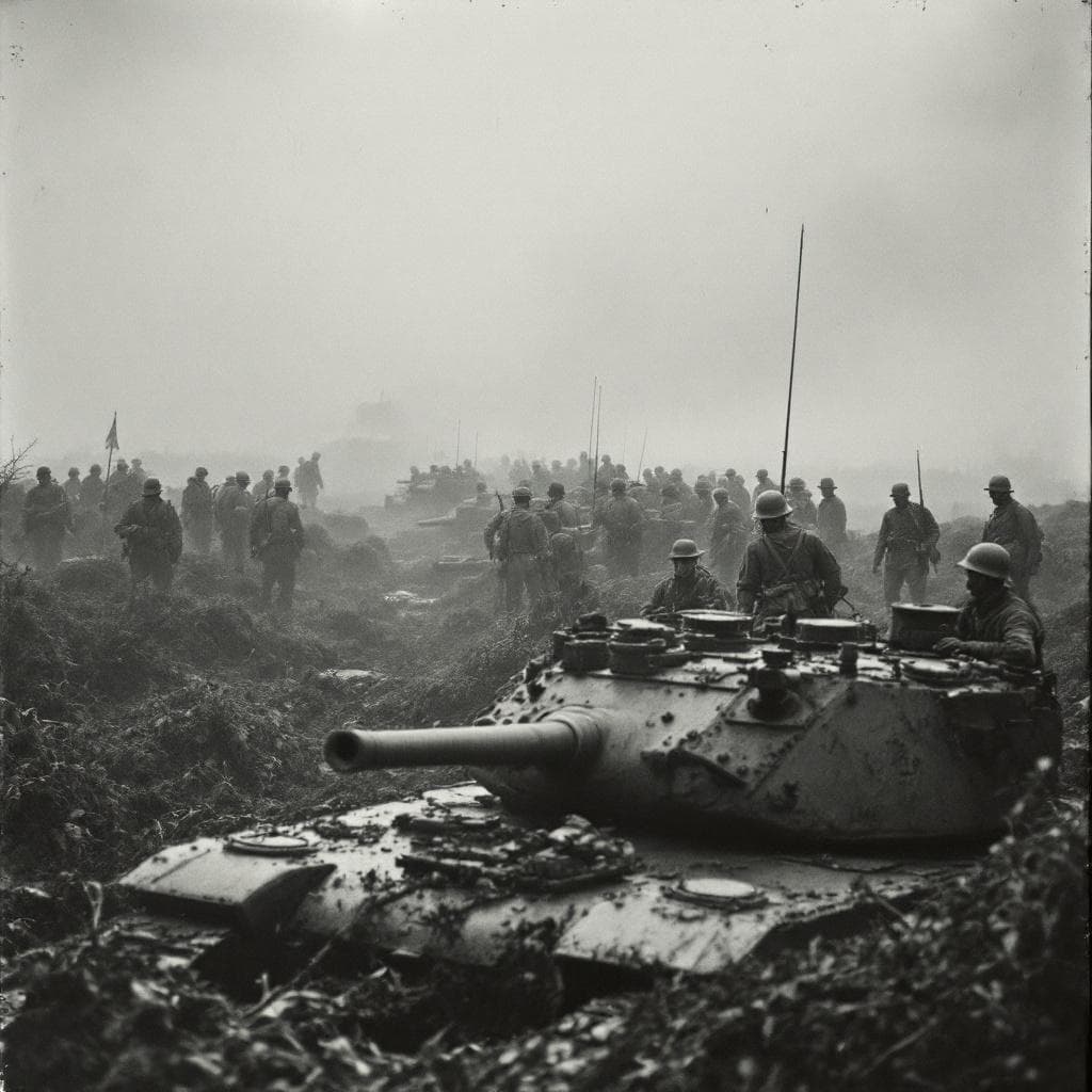 AI generated: "Allied troops huddled behind tank traps, fog and rain create intense war atmosphere"