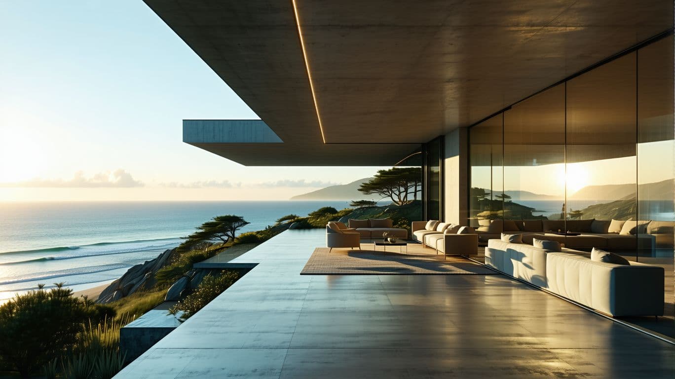 AI generated: Hyper realistic eye level exterior photo of a mid century modern style house overlooking the ocean, ...