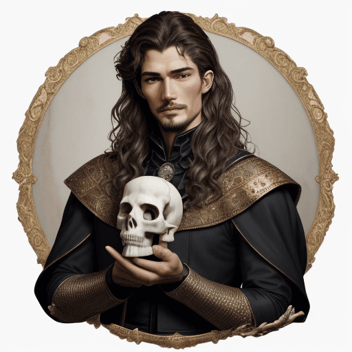 AI generated: To be or not to be, Hamlet holding an anatomically correct human skull of Yorick in the palm of his ...