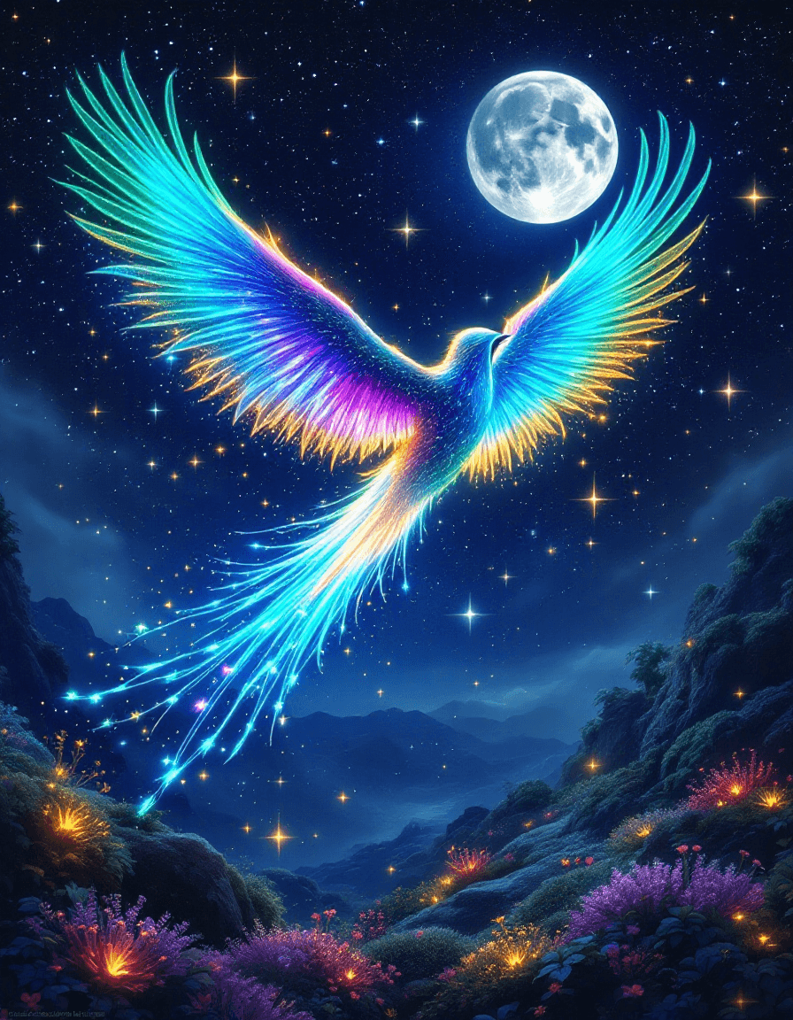 AI generated: Under a star-filled midnight sky, a graceful, mystical bird glides silently through the air. Its lon...