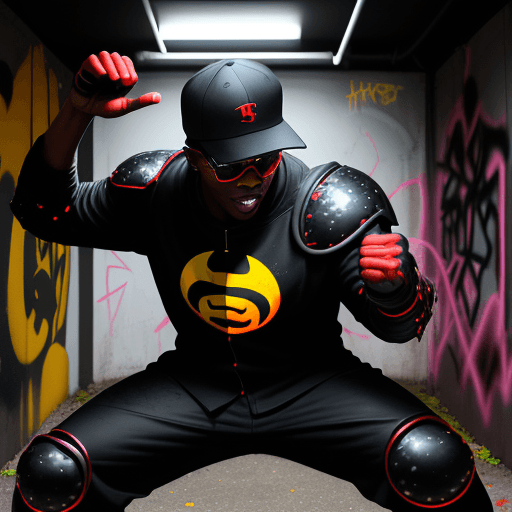 AI generated:  A blackman, wearing a black baseball cap backwards, red sunglasses, in a black metallic dark knight...