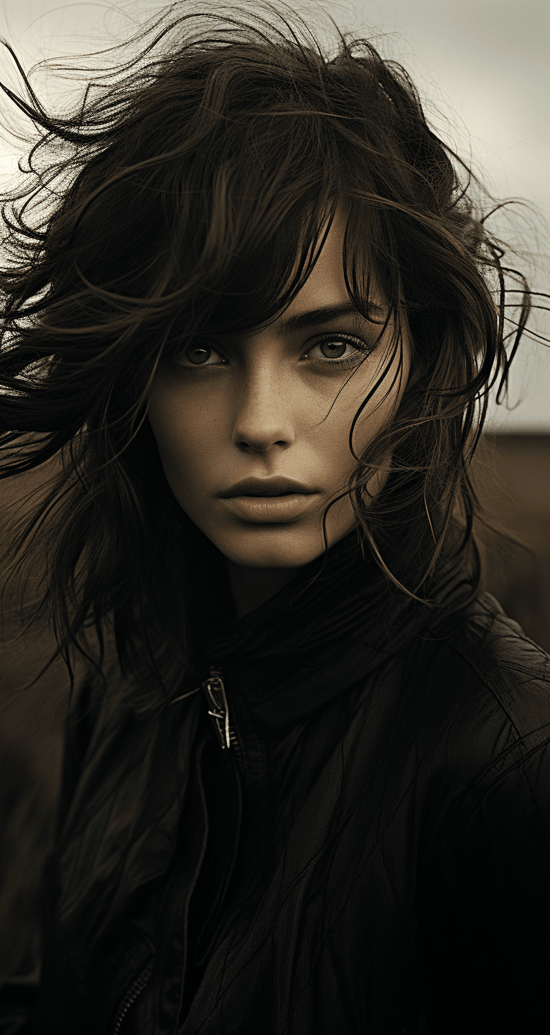 AI generated: a young woman standing in the grass, in the style of stark black-and-white photography, hasselblad 1...