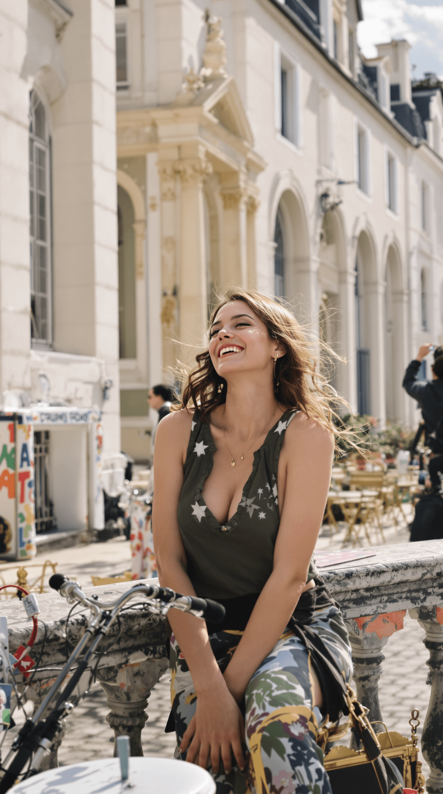 AI generated: The most beautiful French woman in the world, being happy, content and carefree.  She is doing her f...