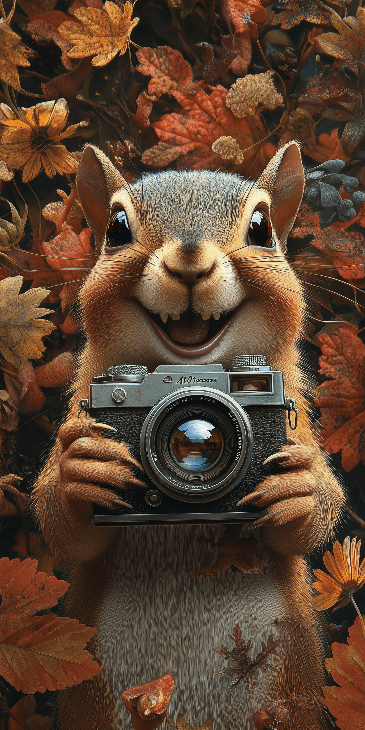 AI generated: A happy squirrel holding an old camera, smiling and showing its teeth in front of the lens, against ...