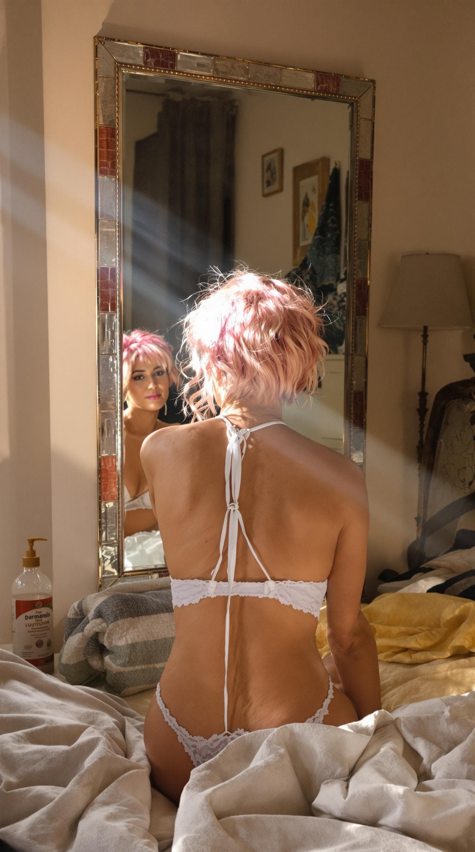AI generated: Beautiful Italian mature woman with pink hair sitting on her bed and taking off her bra in front of ...