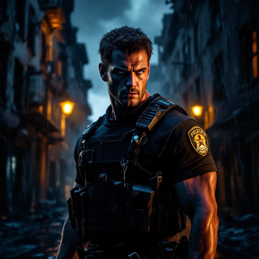 AI generated: Create a cinematic movie poster featuring a tough, fearless male cop in a dark, wet New York street....