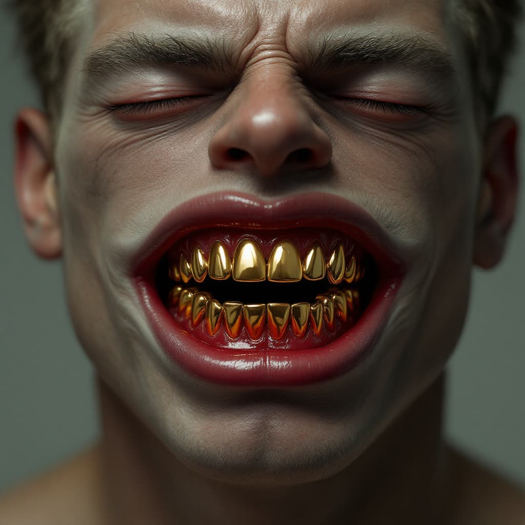 AI generated: a man with a large jaw and gold teeth, in the style of futuristic minimalism, restrained forms, dark...