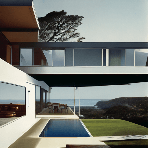 AI generated: Hyper realistic eye level exterior photo of a mid century modern style house overlooking the ocean, ...