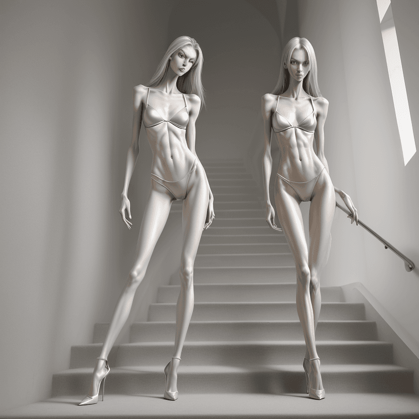 AI generated: photo of two an extremely skinny, flat-chested model with extreme long and skinny legs with extreme ...