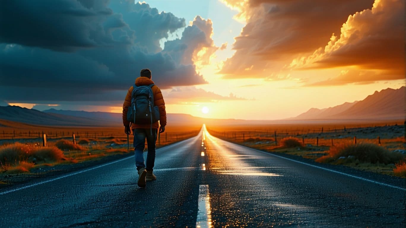 AI generated: A cinematic opening shot with an inspirational feel: A lone traveler walking on an endless road duri...