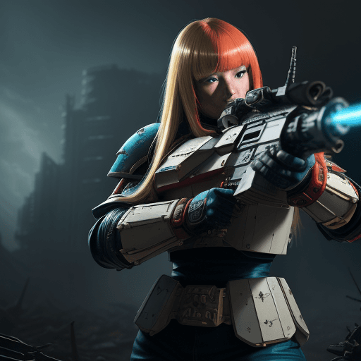 AI generated: great lighting, intricate detail, beautiful, stunning Japanese space marine, two-tone hair, long blo...