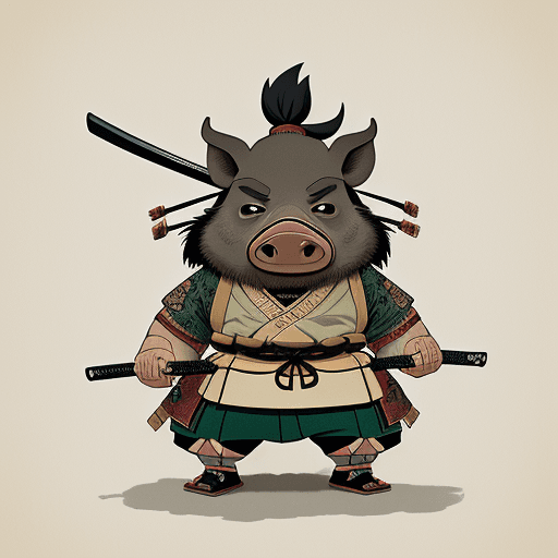 AI generated: anthropomorphic wild pig samurai, art work by Stan Sakai,, art by studio ghibli, intricate artwork b...