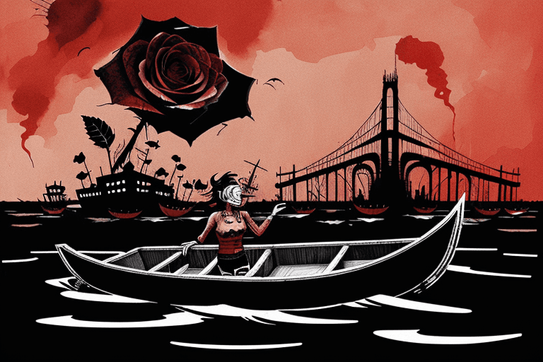 AI generated: A rose in a boat, floating through hell, in the style of Derek Gores and Quentin Blake, bold black l...
