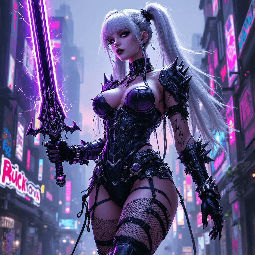 AI generated: cyberpunk-style female warrior. She has pale gothic skin. She has long, platinum silver hair tied in...
