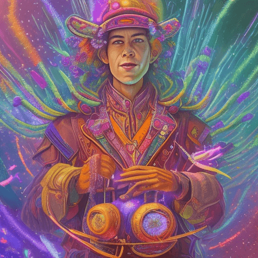 AI generated: a retro future shaman with purple coat building up colorful flaming energy on his hands, . A garden ...