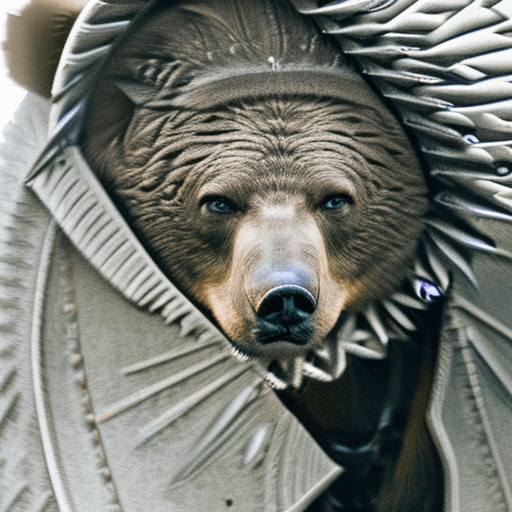 AI generated: A stern 2, bear in a dark coat, in a headdress, medium shot, cinematic photography --s 1000 --no peo...