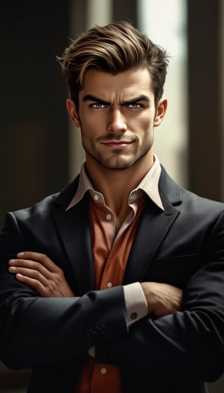 AI generated: Confident, slightly arrogant facial expressions; subtle smirk developing; pronounced eyebrow raise; ...