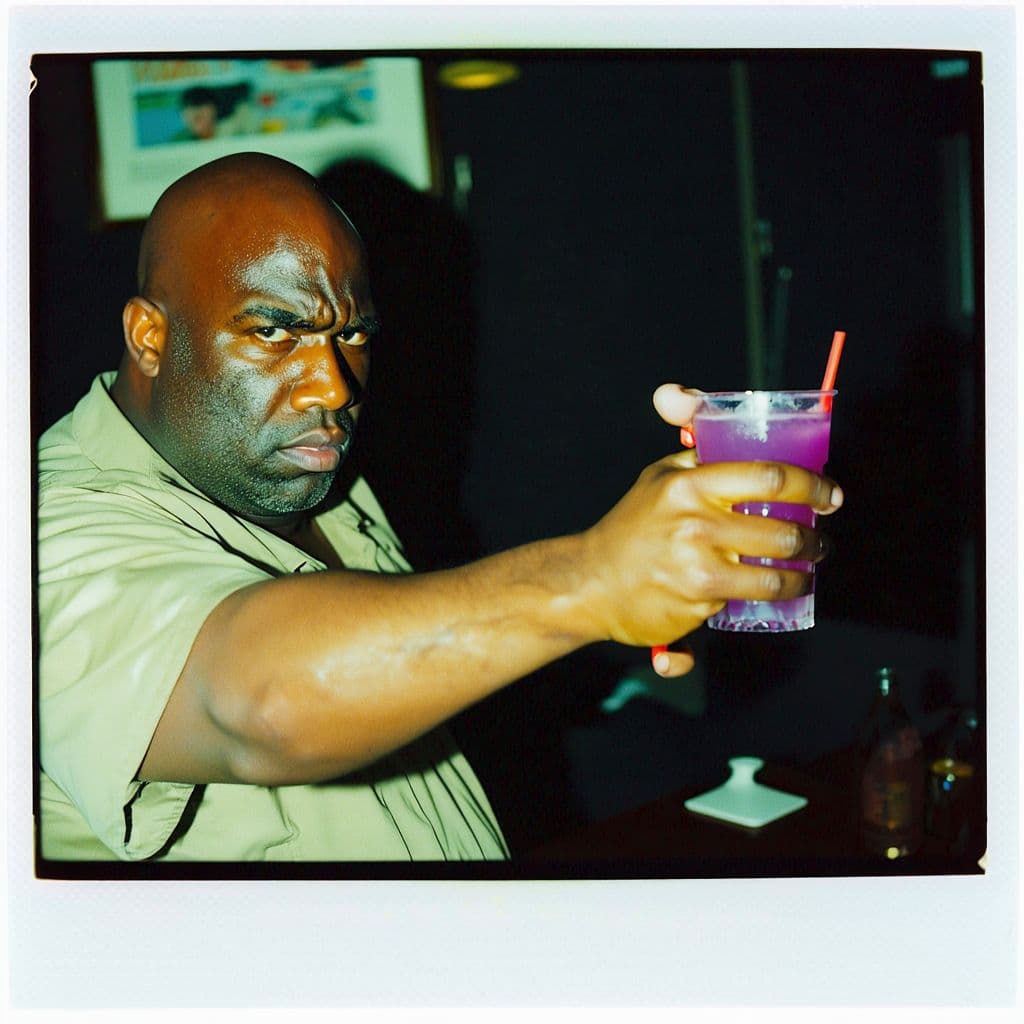 AI generated: grainy 80's photograph quality polaroid of firing squad shooting a big fat bald fearful black man wi...