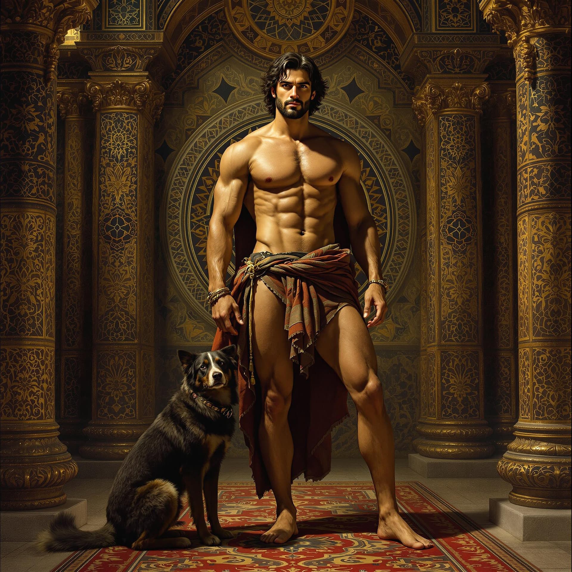 AI generated: Ultra-Wide Angle - Pull the camera very far back from subject, ANCIENT ROME, he has long legs, muscu...
