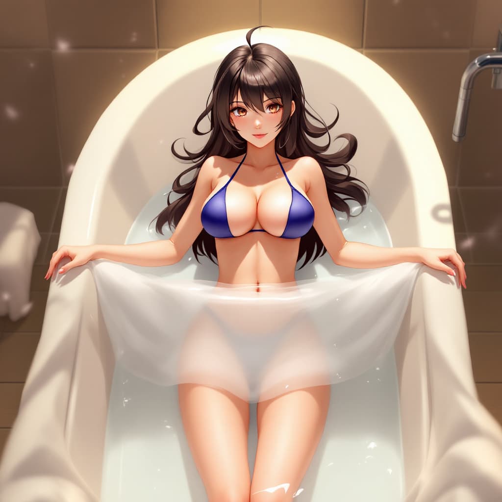 AI generated: hot Anime girl, wearing bikini, big chest, in bathtub, frontal view, legs spread