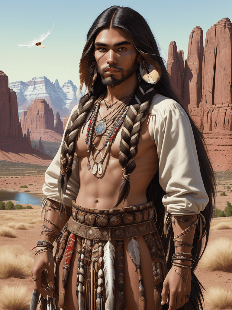 AI generated: mdjrny-v4 style portrait photograph of Madison Beer as Pocahontas, young skinny native american man,...