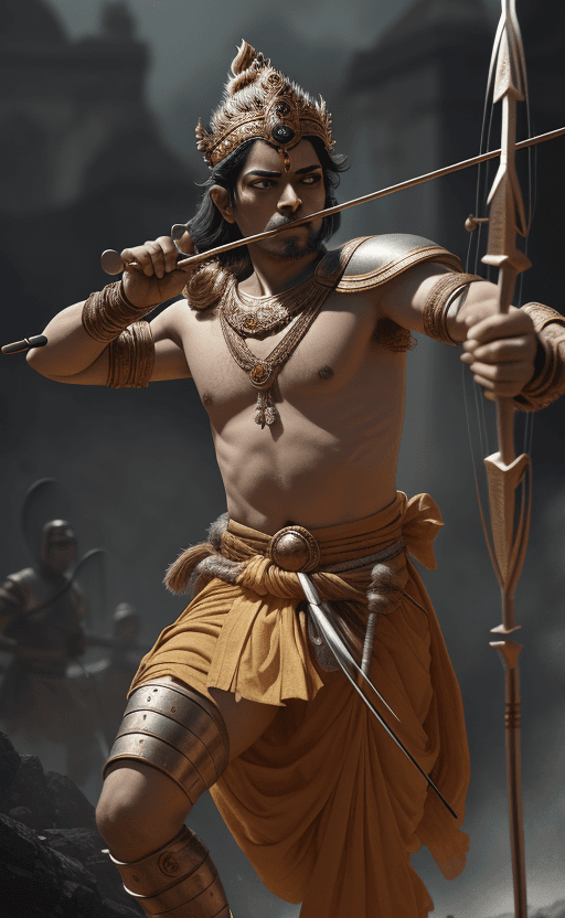 AI generated: Lord Rama as a archers with bows, in the style of historical reimagining, cinematic montages, dark &...