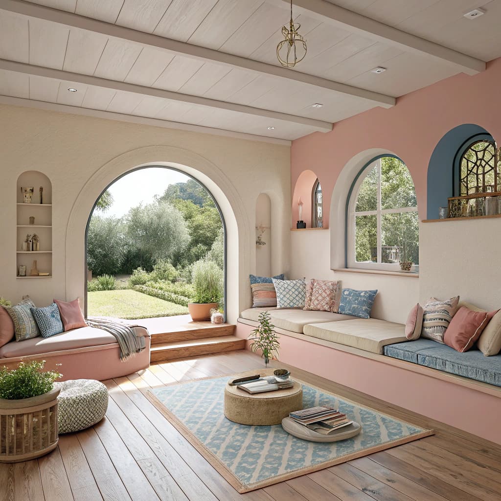 AI generated: High resolution photography interior design, dreamy sunken living room conversation pit, wooden floo...