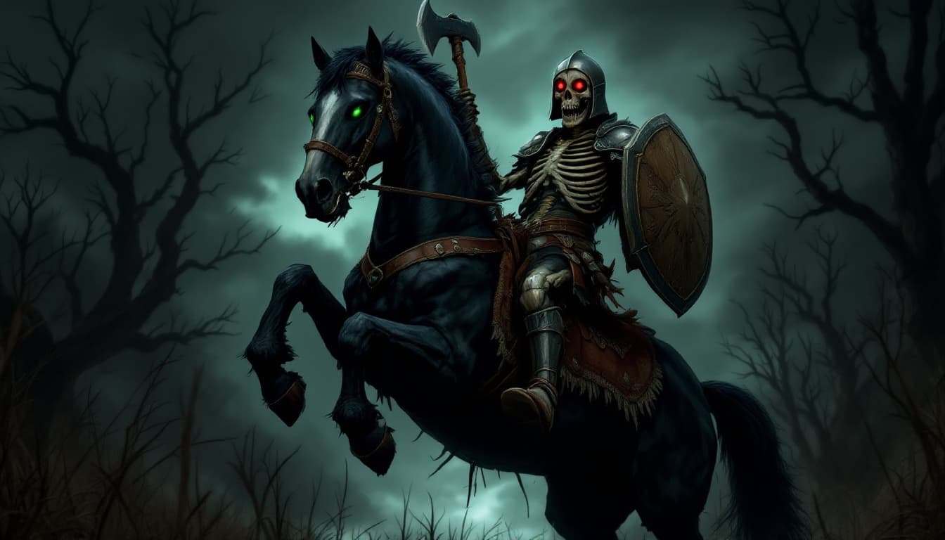 AI generated: a skeleton warrior riding a horse in a dark, eerie environment. The skeleton warrior is wearing a su...