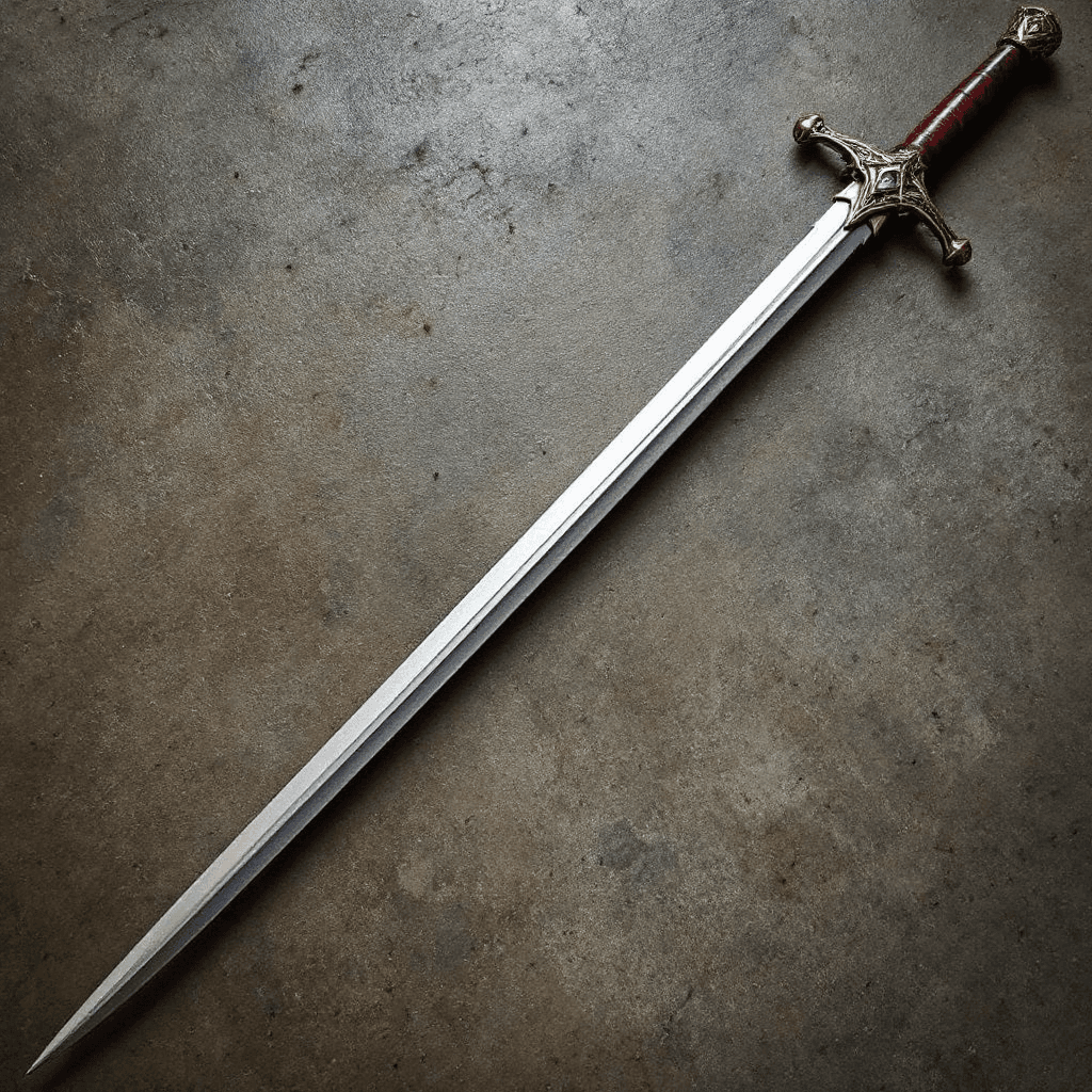 AI generated:  Image of a thin Rapier with the following description: “Though the name of the champion who wielded...