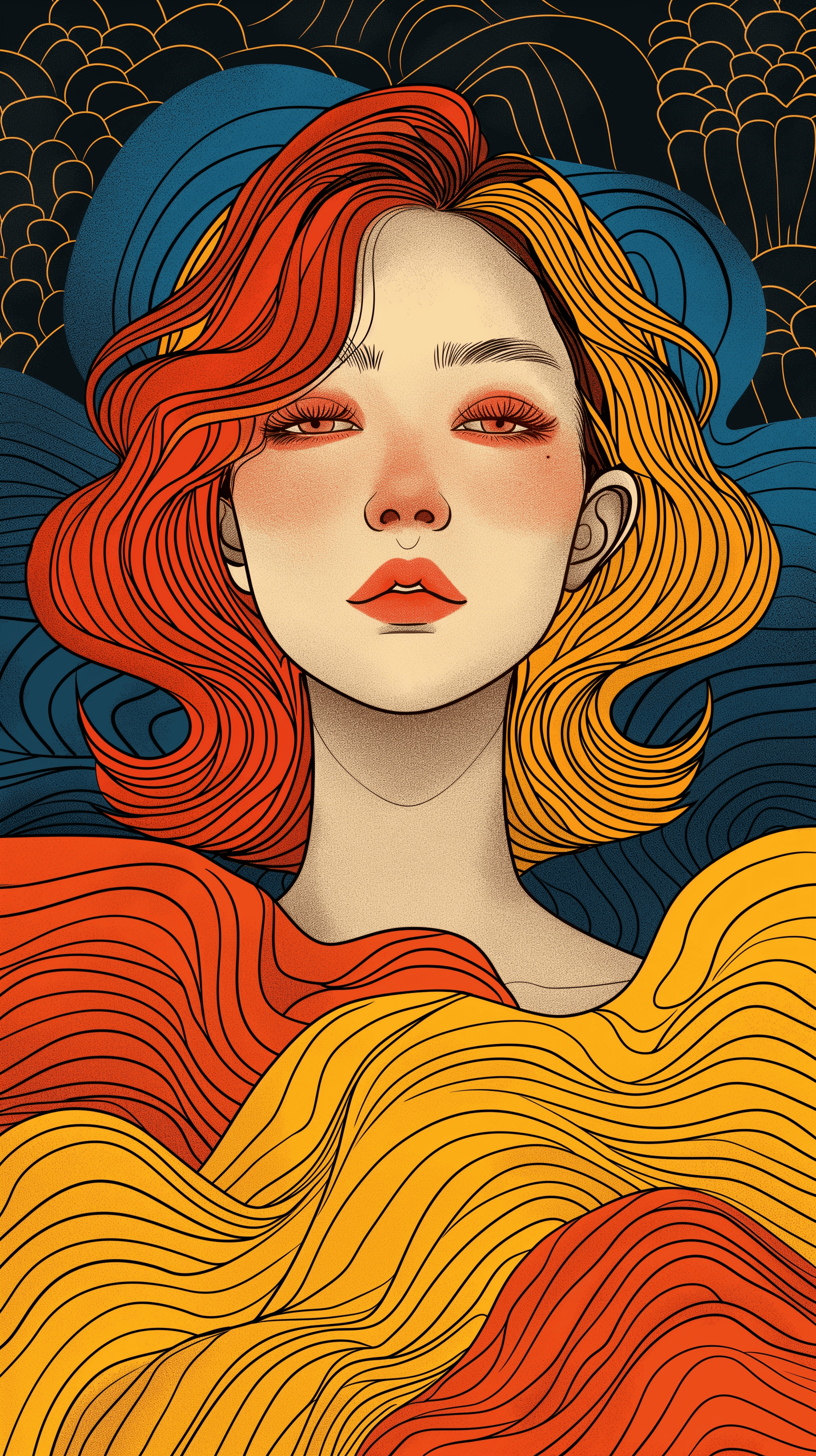 AI generated: illustration, upper-body, woman, face, gaze, consisting of four randomly limit colors, outline, curv...