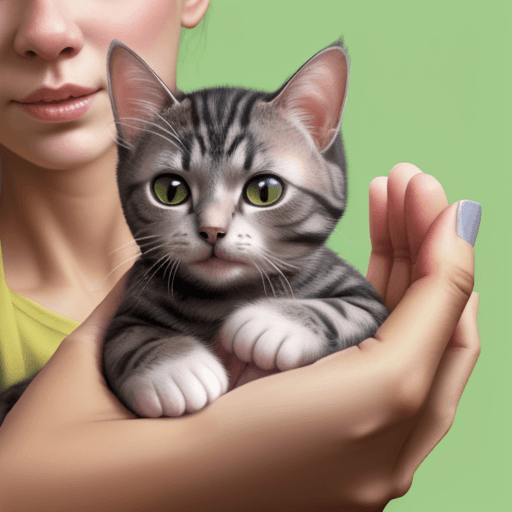AI generated: photorealistic cat with human hands while holding a baby kitten in hi. hands like a human does 