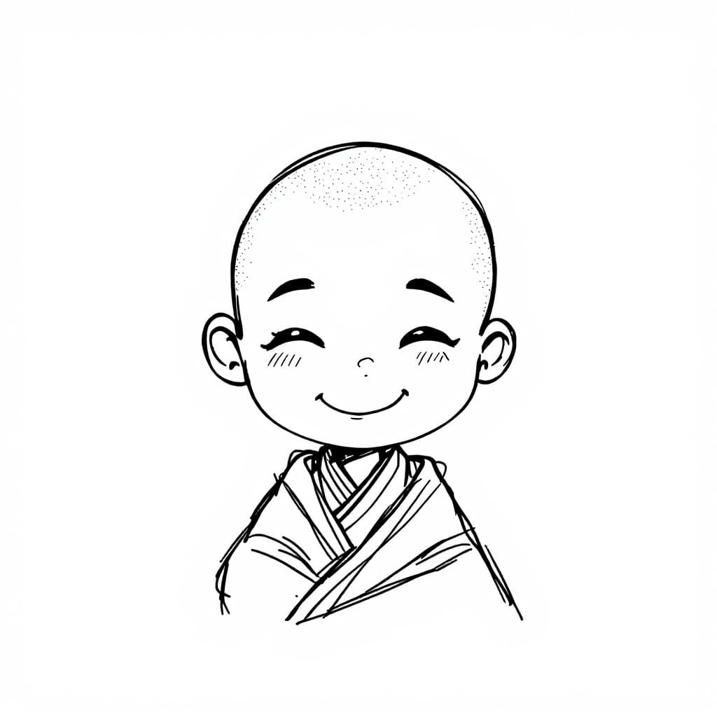 AI generated: Minimalist sketch of a monk, cute young, smiling expression, very basic line drawing, minimalist, il...