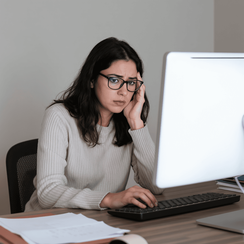 AI generated: Mujer de mediana edad morena con el pelo largo y con gafas se encuentra ante un ordenador sobre un e...