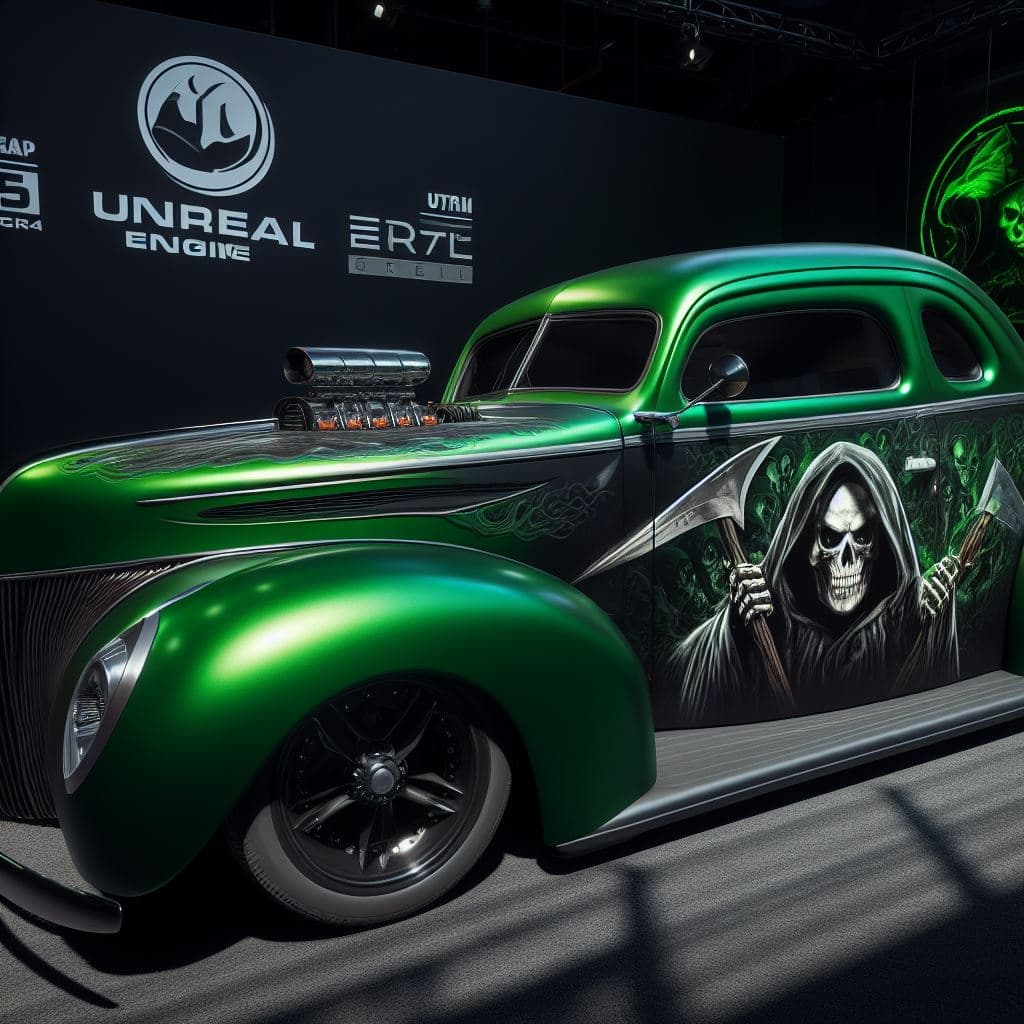 AI generated: showcasing this sinister green 1940 Ford Coupe. Grim Reaper graphics adorn the exterior, while the i...