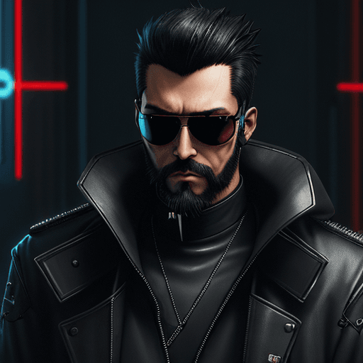 AI generated: cyberpunk priest with cyberware and aviator sunglasses. wear leather coat. short black hair and shor...