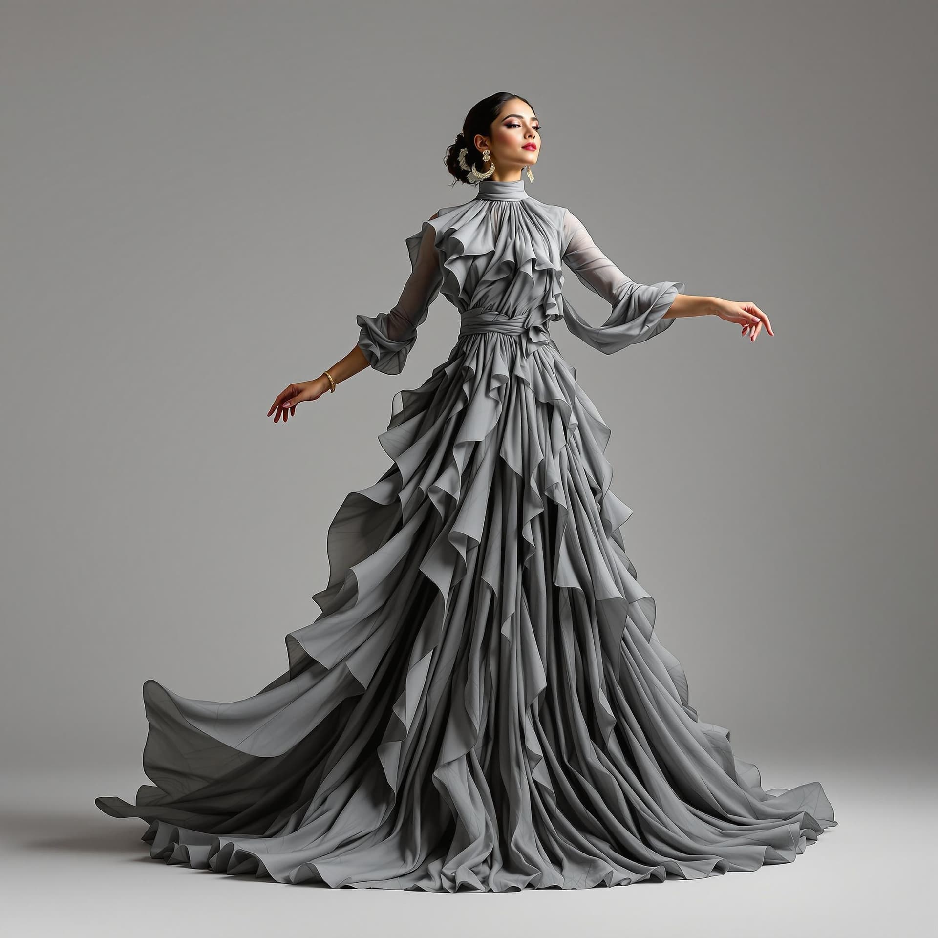 AI generated: The image is a full-length portrait of an Indian woman dancing in a flowing grey dress. The dress fe...